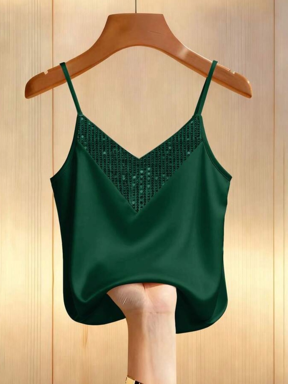 Green Sequin-Trim Spaghetti Strap Cami